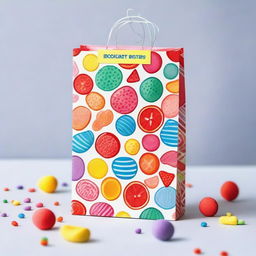 A colorful and fun goodie bag filled with various treats like candies, small toys, and stickers