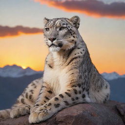 A majestic snow leopard lounging on a craggy mountain peak against a breathtaking sunset.