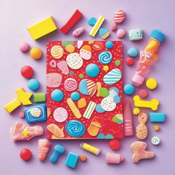 A colorful goodie bag filled with an assortment of small toys, candies, and party favors