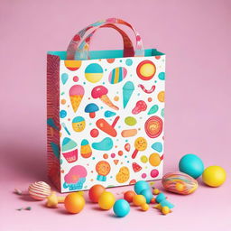 A colorful goodie bag filled with an assortment of small toys, candies, and party favors