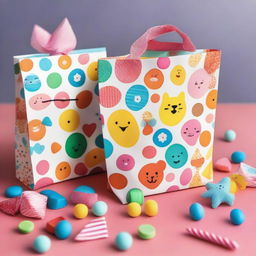 A colorful goodie bag filled with an assortment of small toys, candies, and party favors