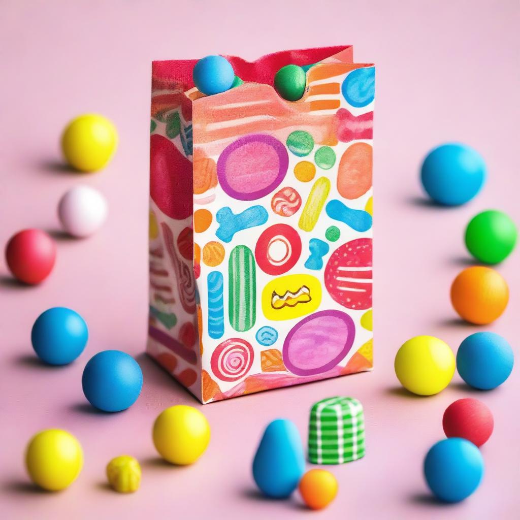 A colorful goodie bag filled with an assortment of small toys, candies, and party favors