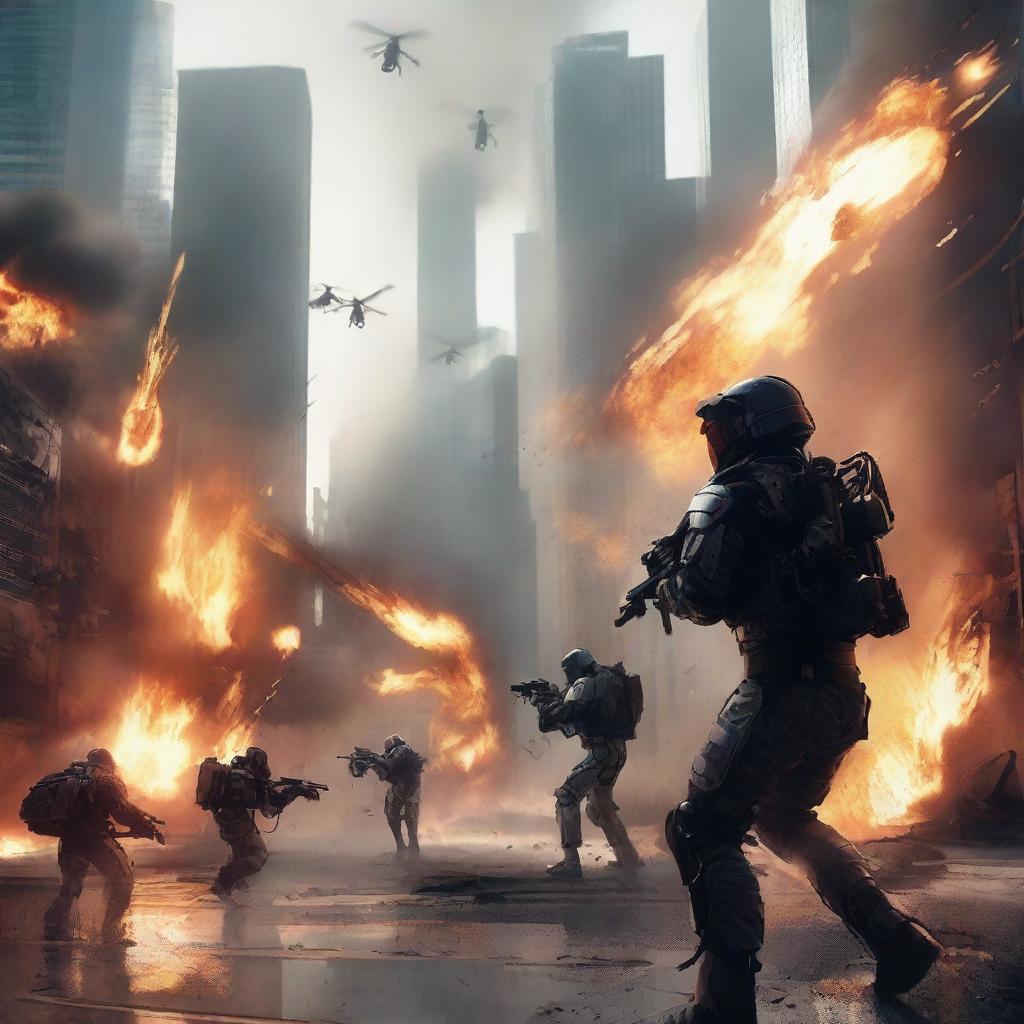 A futuristic war scene with fire