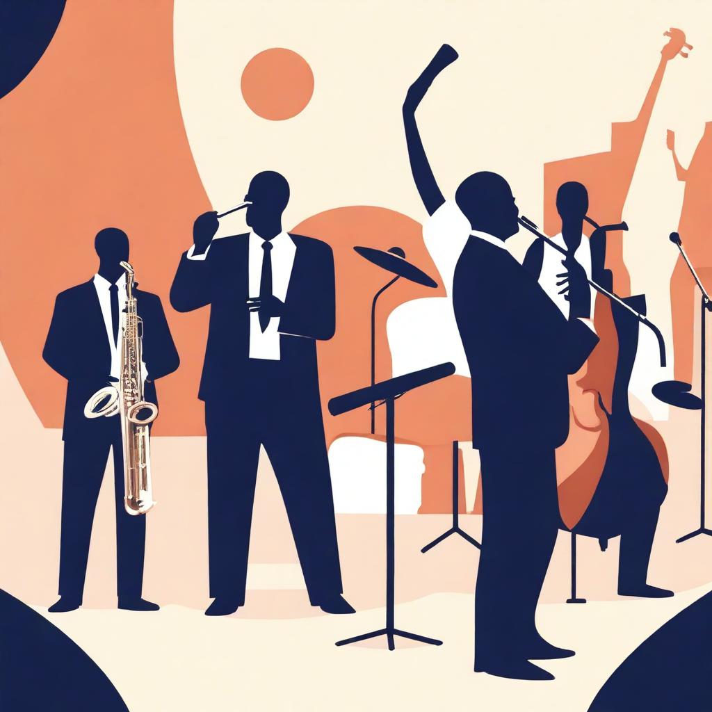 An image depicting a jazz band in the middle of a performance, with various musicians playing instruments like saxophone, trumpet, piano, and drums