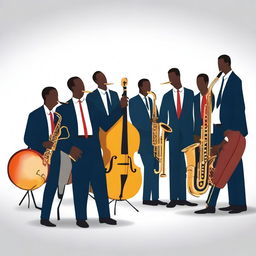 An image depicting a jazz band in the middle of a performance, with various musicians playing instruments like saxophone, trumpet, piano, and drums