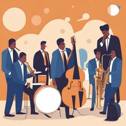 An image depicting a jazz band in the middle of a performance, with various musicians playing instruments like saxophone, trumpet, piano, and drums