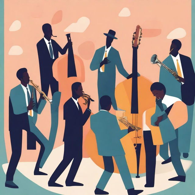 An image depicting a jazz band in the middle of a performance, with various musicians playing instruments like saxophone, trumpet, piano, and drums