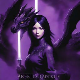 A book cover with a black background featuring a large violet dragon with black details and glowing violet eyes