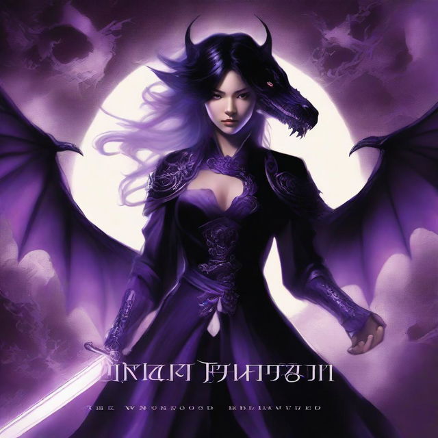 A book cover with a black background featuring a large violet dragon with black details and glowing violet eyes