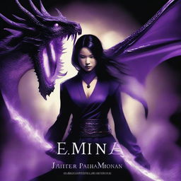 A book cover with a black background featuring a large violet dragon with black details and glowing violet eyes