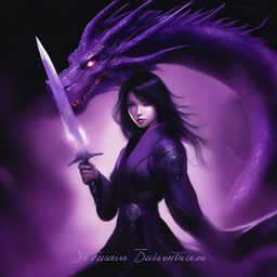 A book cover with a black background featuring a large violet dragon with black details and glowing violet eyes