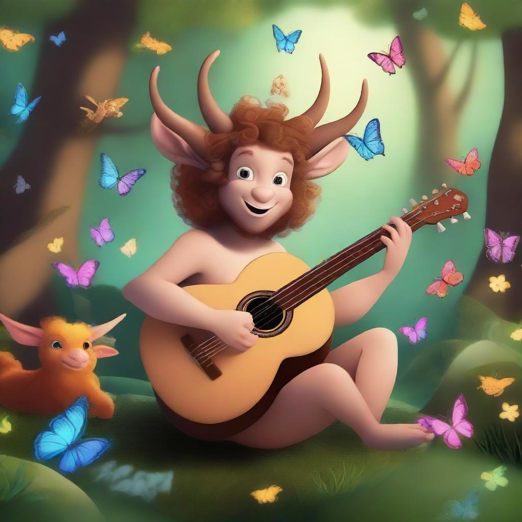 A whimsical satyr bard playing a lute in a lush, enchanted forest