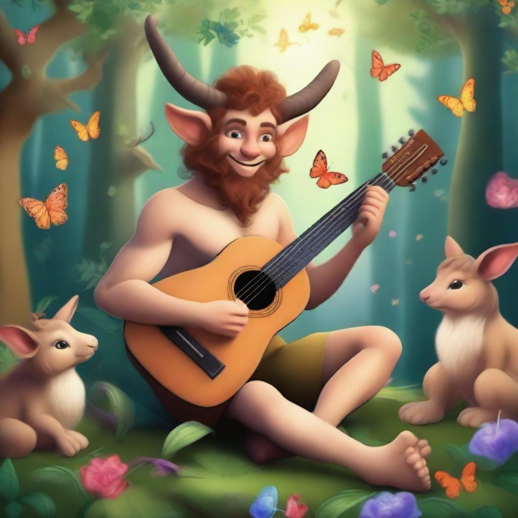 A whimsical satyr bard playing a lute in a lush, enchanted forest