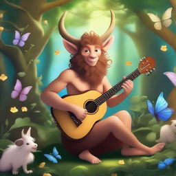 A whimsical satyr bard playing a lute in a lush, enchanted forest