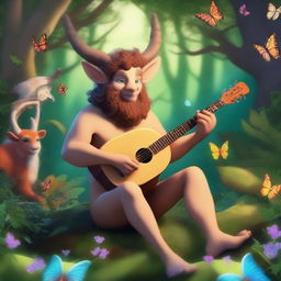 A whimsical satyr bard playing a lute in a lush, enchanted forest