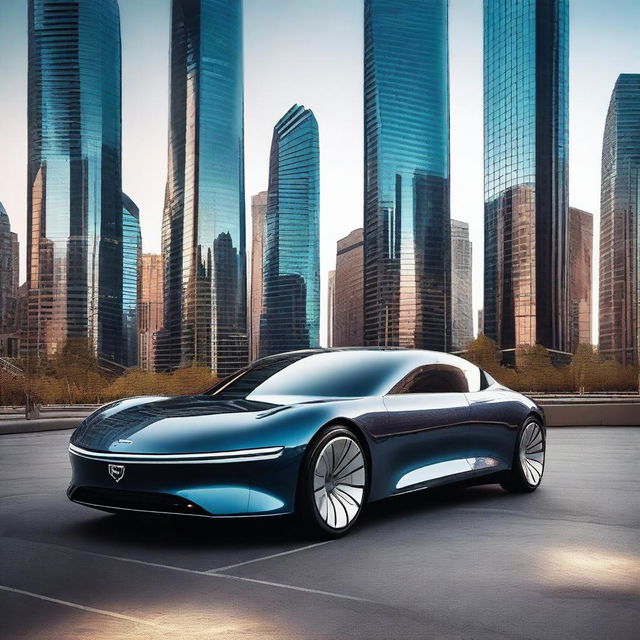 A sleek and futuristic electric luxury sedan parked in front of a modern cityscape