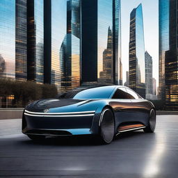 A sleek and futuristic electric luxury sedan parked in front of a modern cityscape