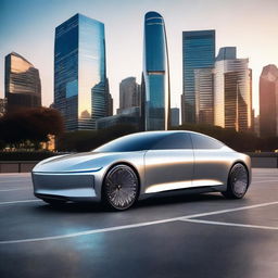 A sleek and futuristic electric luxury sedan parked in front of a modern cityscape