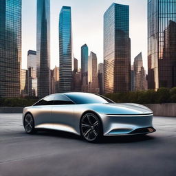 A sleek and futuristic electric luxury sedan parked in front of a modern cityscape