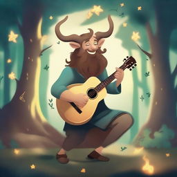 A bard satyr with horns, dressed in a mantle, his hair disheveled, smiling with a mustache and beard