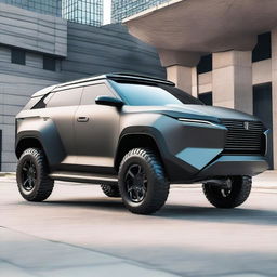 A robust and futuristic military armoured electric luxury SUV with three rows of seating