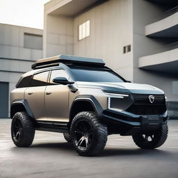 A robust and futuristic military armoured electric luxury SUV with three rows of seating