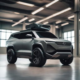 A robust and futuristic military armoured electric luxury SUV with three rows of seating