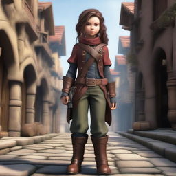 A female halfling gunslinger standing confidently with dual pistols in a fantasy setting