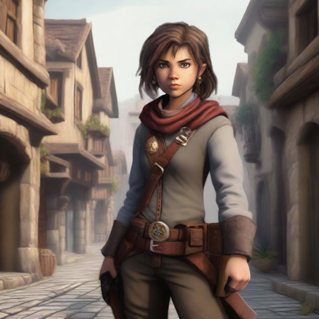 A female halfling gunslinger standing confidently with dual pistols in a fantasy setting