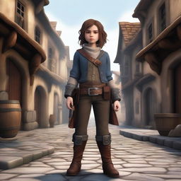 A female halfling gunslinger standing confidently with dual pistols in a fantasy setting