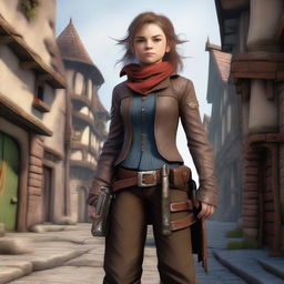 A female halfling gunslinger standing confidently with dual pistols in a fantasy setting