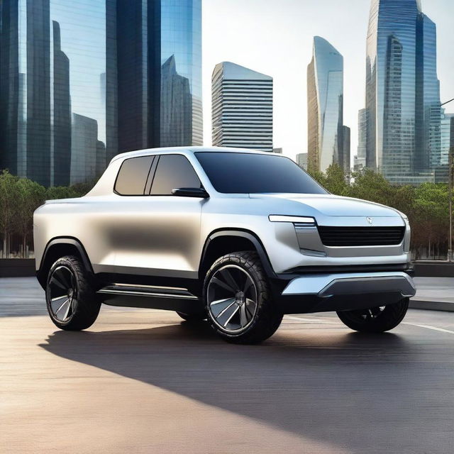 A sleek and futuristic electric luxury pickup truck parked in an urban setting