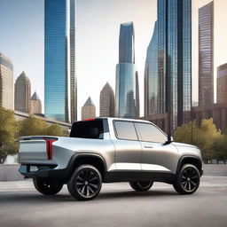 A sleek and futuristic electric luxury pickup truck parked in an urban setting