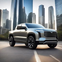 A sleek and futuristic electric luxury pickup truck parked in an urban setting