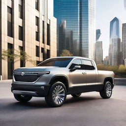 A sleek and futuristic electric luxury pickup truck parked in an urban setting