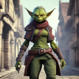 A female goblin gunslinger standing confidently with dual pistols in a fantasy setting