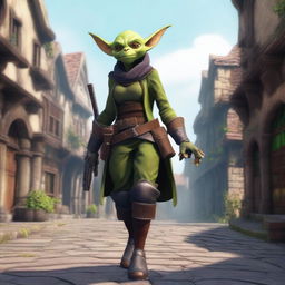 A female goblin gunslinger standing confidently with dual pistols in a fantasy setting