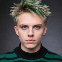 An emo guy with blonde short, spiked hair, slight beard stubble and small silver earrings. He has vivid green hunter eyes accentuated with black eye shadow and is wearing an oversized striped green and black sweater.