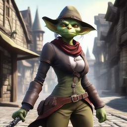 A female goblin gunslinger standing confidently with dual pistols in a fantasy setting