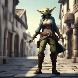 A female goblin gunslinger standing confidently with dual pistols in a fantasy setting