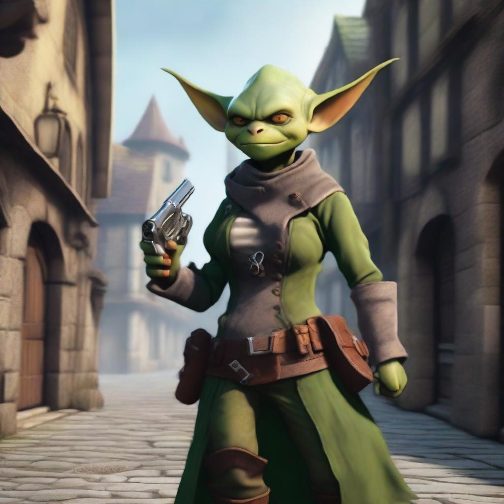 A female goblin gunslinger holding a pistol confidently in a fantasy setting