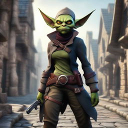 A female goblin gunslinger holding a pistol confidently in a fantasy setting