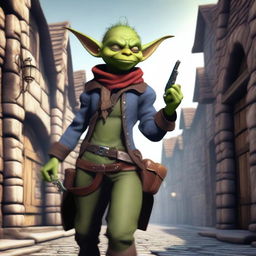 A female goblin gunslinger holding a pistol confidently in a fantasy setting