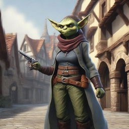 A female goblin gunslinger holding a pistol confidently in a fantasy setting