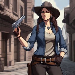 A female gunslinger holding a pistol confidently in a Dungeons & Dragons style fantasy setting