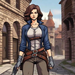 A female gunslinger holding a pistol confidently in a Dungeons & Dragons style fantasy setting