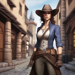 A female gunslinger holding a pistol confidently in a Dungeons & Dragons style fantasy setting