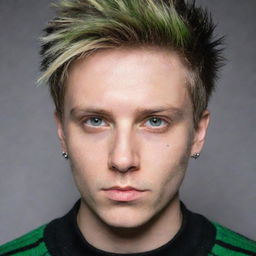 An emo guy with blonde short, spiked hair, slight beard stubble and small silver earrings. He has vivid green hunter eyes accentuated with black eye shadow and is wearing an oversized striped green and black sweater.