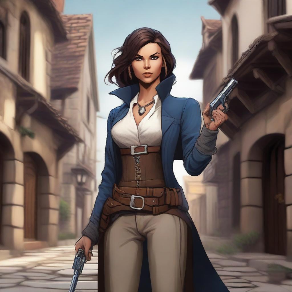 A female gunslinger holding a pistol confidently in a Dungeons & Dragons style fantasy setting