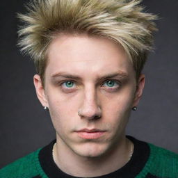 An emo guy with blonde short, spiked hair, slight beard stubble and small silver earrings. He has vivid green hunter eyes accentuated with black eye shadow and is wearing an oversized striped green and black sweater.